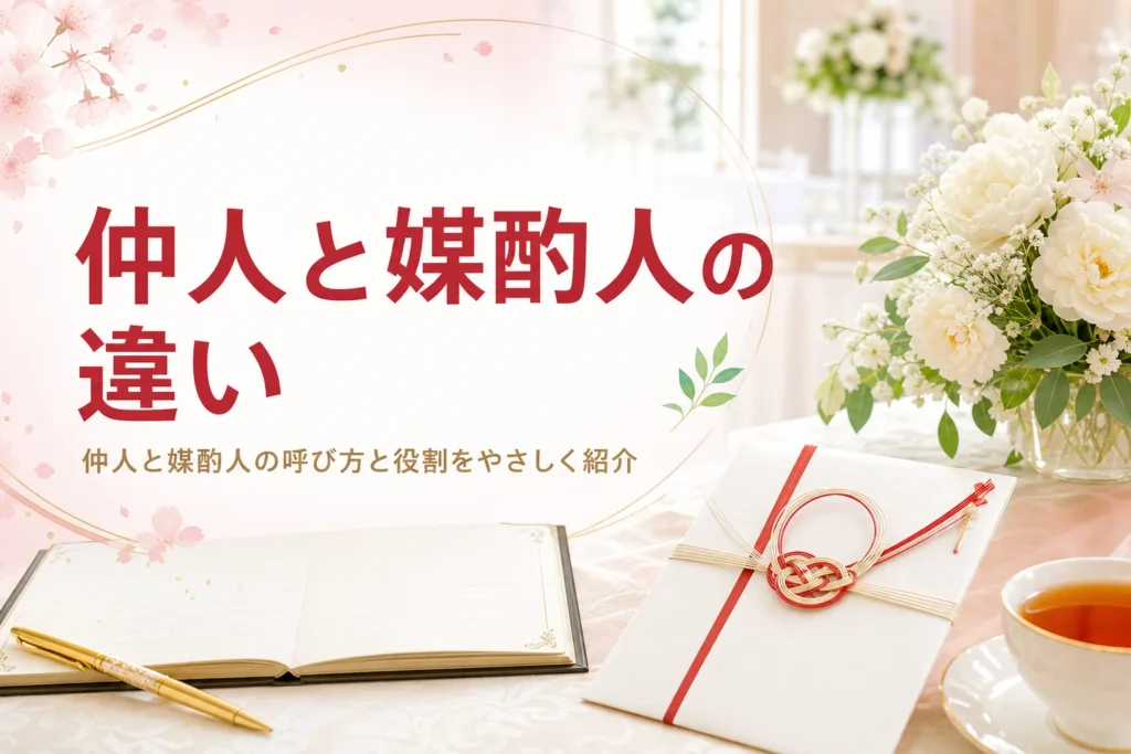 仲人と媒酌人の違いを紹介する記事のアイキャッチ。式場の受付テーブルに装花と水引の封筒