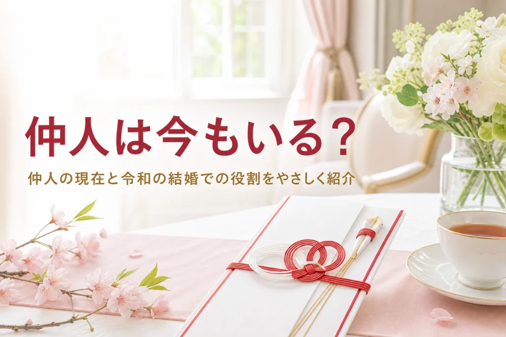 仲人の現在を紹介する記事のアイキャッチ。明るい応接室のテーブルに水引の封筒と花