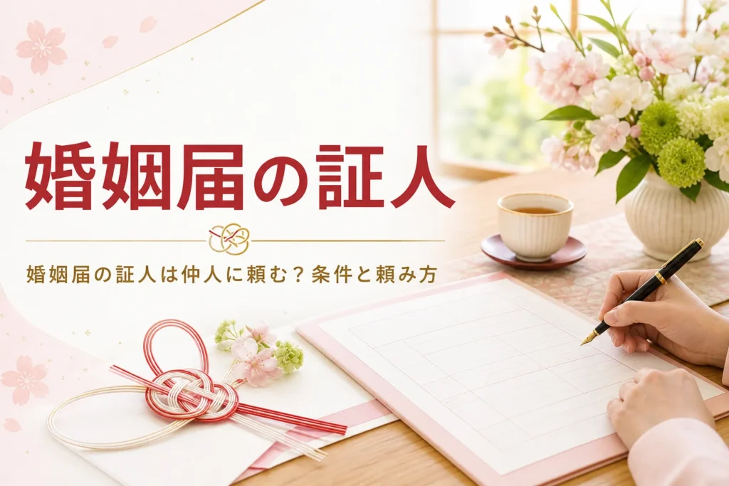 婚姻届の証人を仲人に頼むかをテーマにした、座卓の書類と万年筆のアイキャッチ