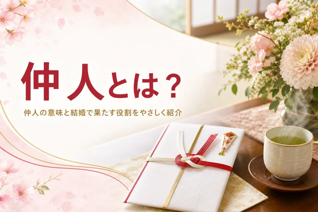 仲人とは何かを紹介する記事のアイキャッチ。水引の封筒と花が置かれた応接テーブル