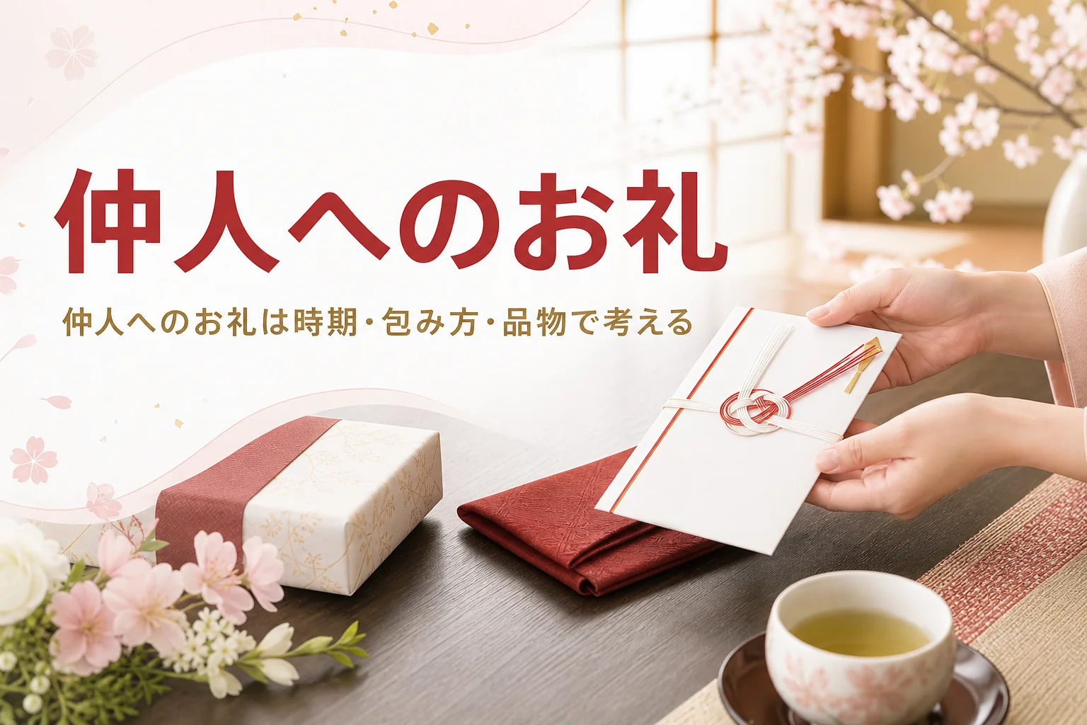 仲人へのお礼に使うのし袋と菓子折りを並べたアイキャッチ
