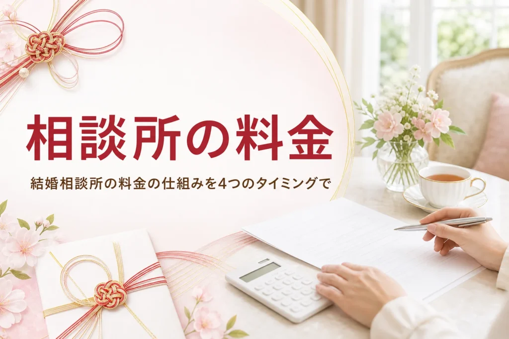 結婚相談所の料金の仕組みをテーマにした、書類とティーカップが置かれたテーブルのアイキャッチ
