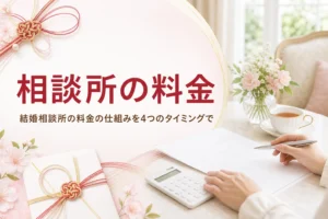 結婚相談所の料金の仕組みをテーマにした、書類とティーカップが置かれたテーブルのアイキャッチ