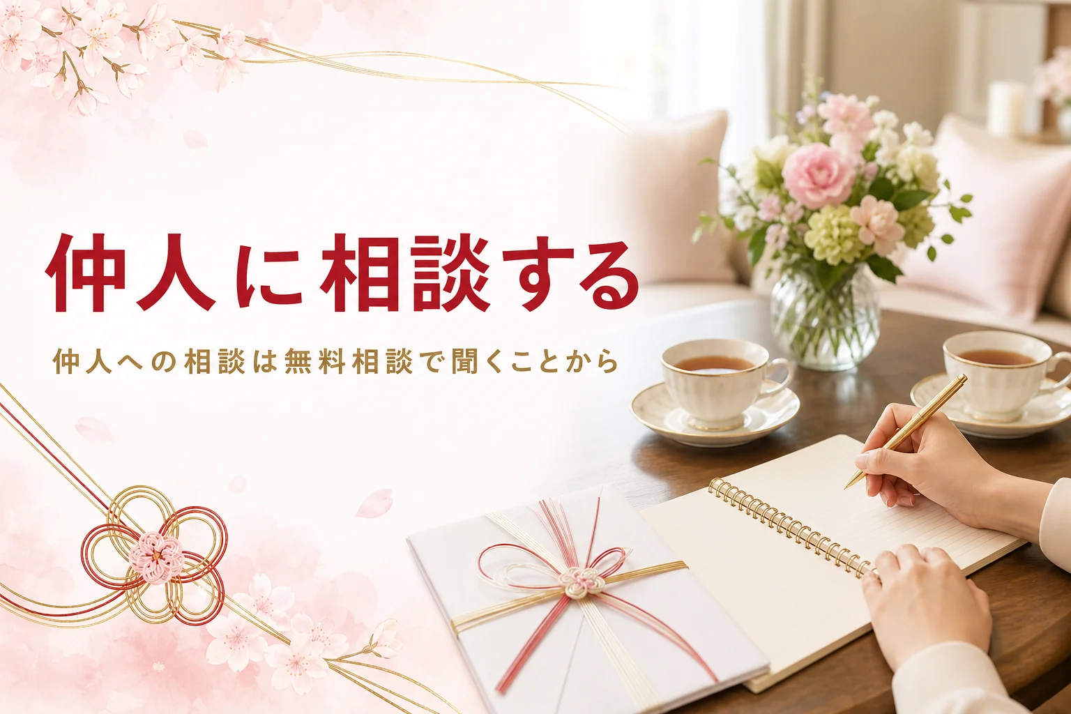 仲人に相談する時に無料相談で聞くことをテーマにした、応接室のテーブルのアイキャッチ