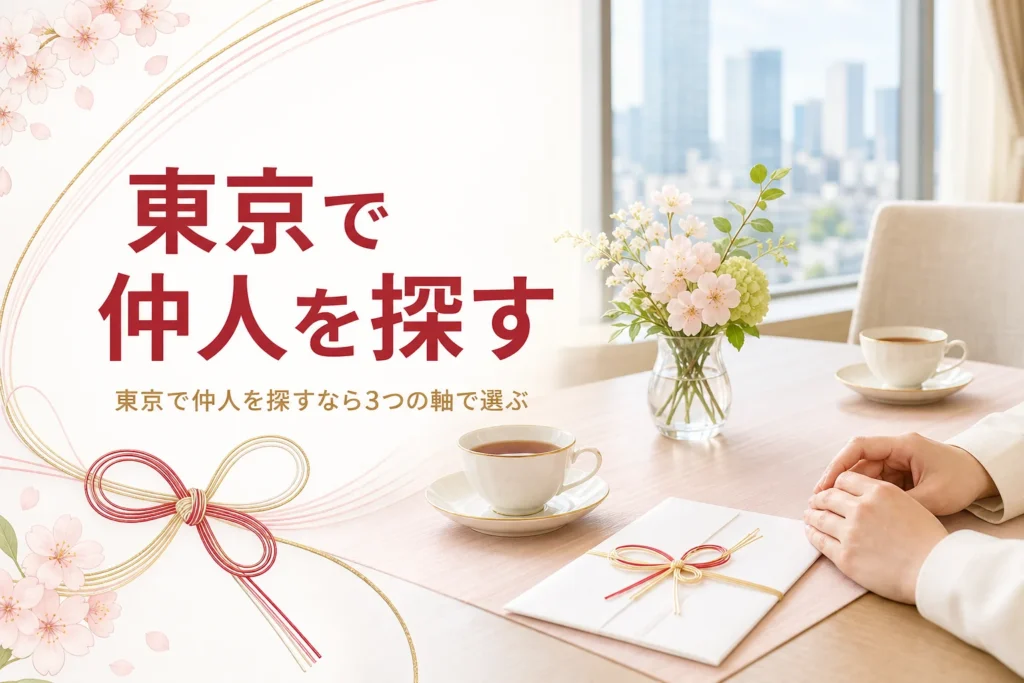 東京で仲人を探すことをテーマにした、都会の応接室のテーブルのアイキャッチ
