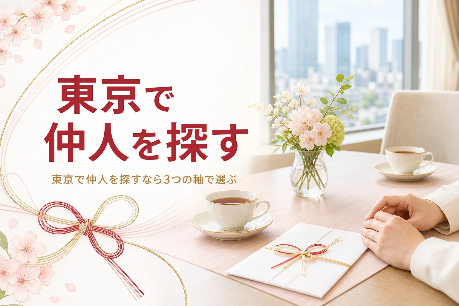 東京で仲人を探すことをテーマにした、都会の応接室のテーブルのアイキャッチ
